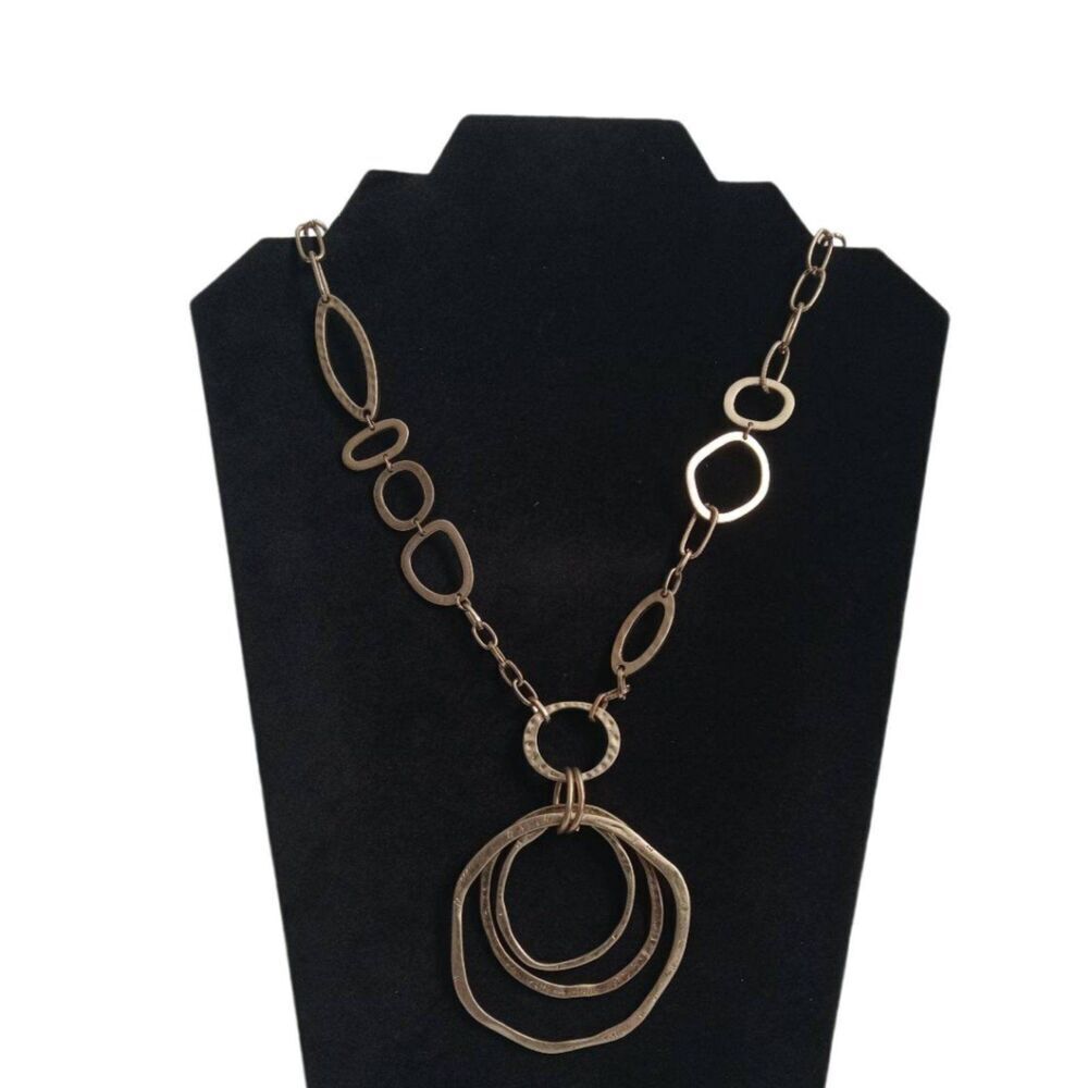 Chico's Gold Tone Large Cable Link Chain Metal Circle Pendant Statement Necklace